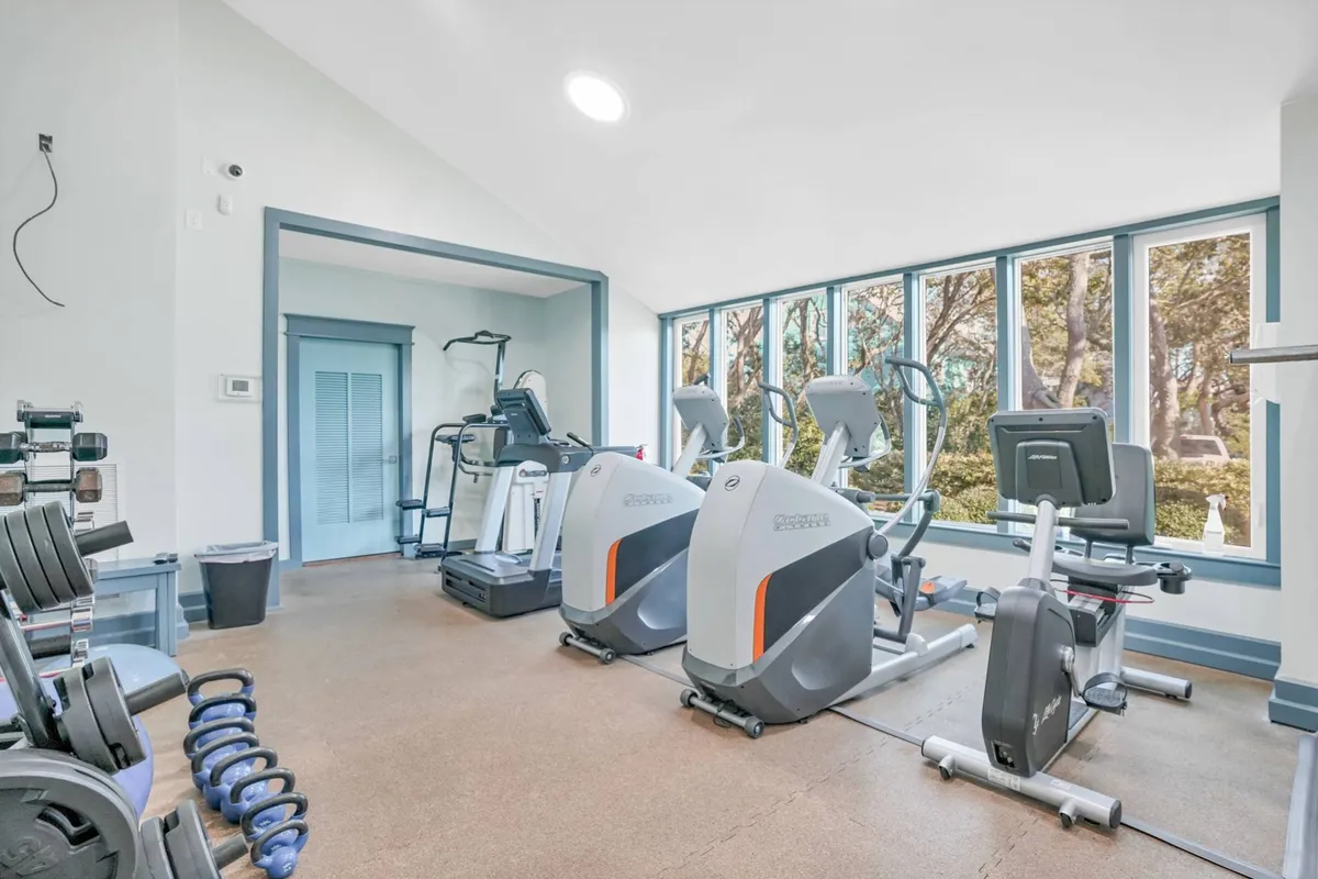 A well-equipped fitness center featuring elliptical machines, stationary bikes, and dumbbells. Expansive windows offer a view of lush greenery, creating an uplifting atmosphere for workouts. The space feels modern, clean, and motivating.